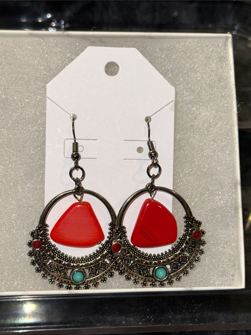 Handmade Earrings! Red Boho Hoop Drop Earrings with Turquoise Accents